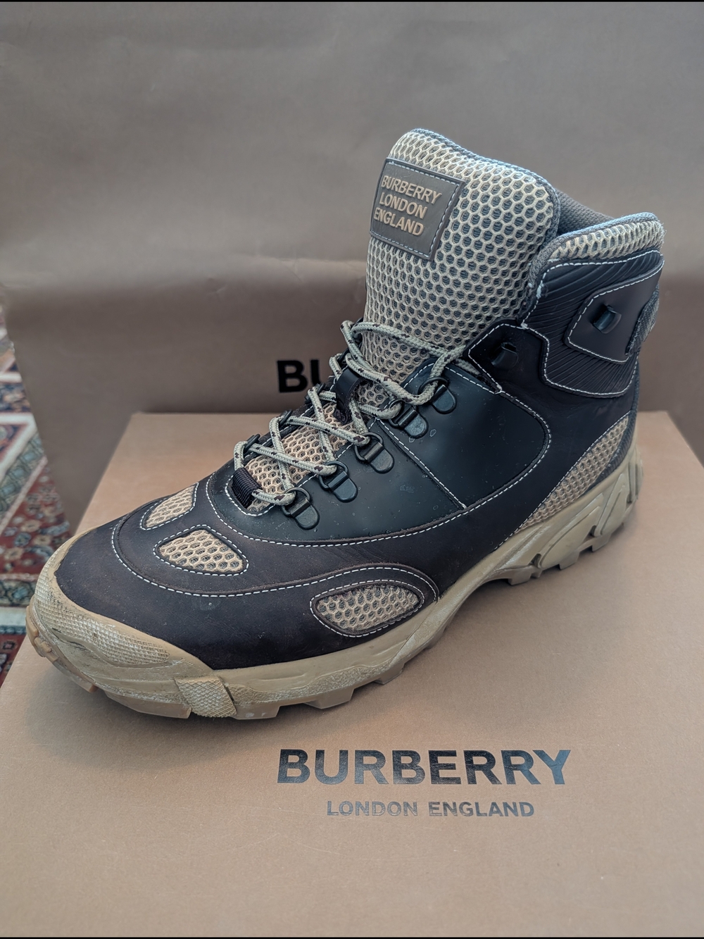 Burberry Black and Beige Men's High-Top Trail Boot